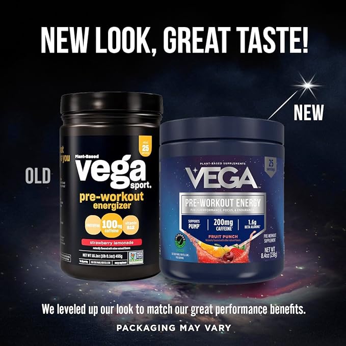 Vega Pre-Workout - 200mg Caffeine, Energy & Focus, Fruit Punch, 25 Servings, 1.6g Beta Alanine, 6g Citrulline Malate, Energy & Focus Drink Mix, Vegan, Gluten-Free, Dairy Free, No Sugar Added, 8.4oz