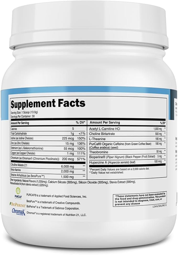 Transparent Labs Lean Pre-Workout - Body Recomposition Pre Workout for Men and Women with Acetyl L-Carnitine, Beta Alanine Powder, & PurCaf Organic Caffeine Powder - 30 Servings, Blue Raspberry