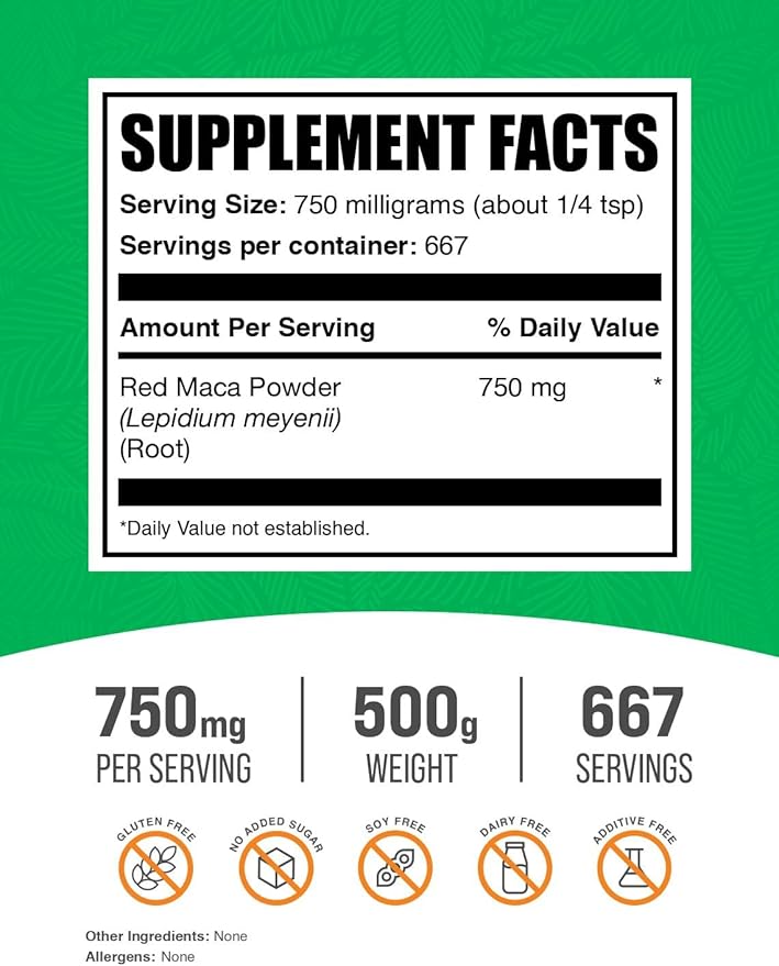 BulkSupplements.com Red Maca Powder - Maca Supplement. Red Maca Powder for Women & Men, Red Maca Root Powder - Vegan & Gluten Free, 750mg per Serving, 500g (1.1 lbs) (Pack of 1)