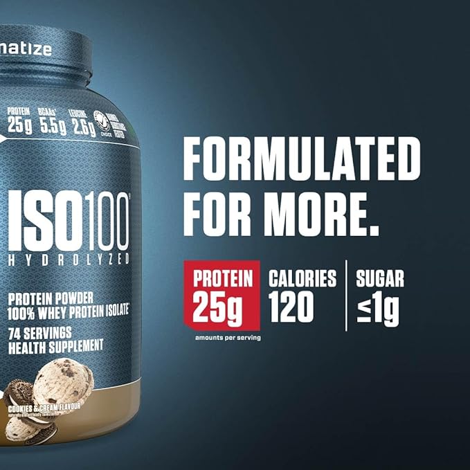 Dymatize ISO100 Whey Protein Powder Isolate, Cookies & Cream, 25g of Protein, 5 Pound, 5.5g BCAAs, Less Than 120 Cal., Gluten Free, 1g Fat, 1g Sugar, 2g Carb
