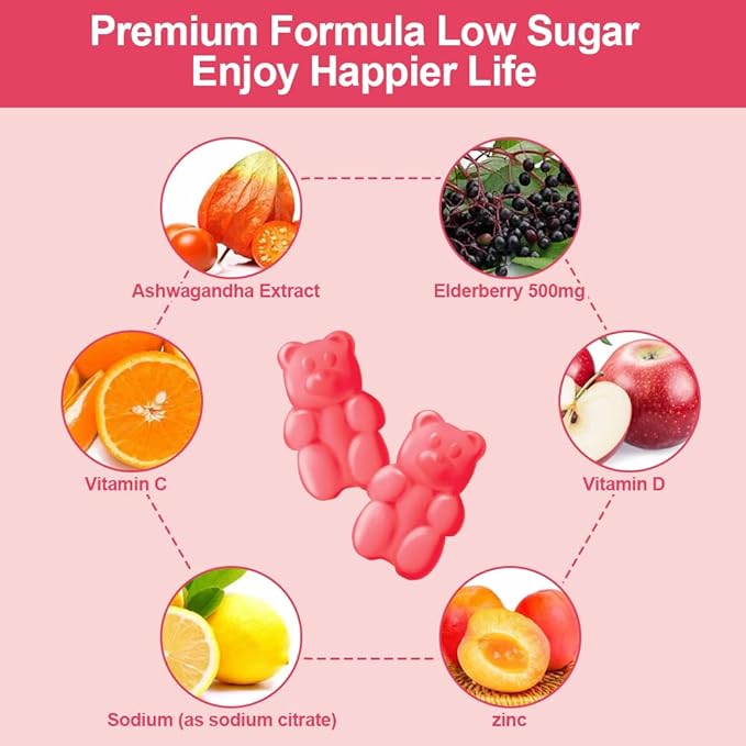 Ashwagandha Gummies for Women and Men, Ashwagandha Root Extract, Elderberry, Zinc, Vitamin C D Low Sugar- 2 Pcs