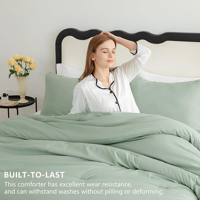 CozyLux Sage Green Comforter Set Queen Size, 3 Pieces Solid Breathable Quilted Style Bedding Sets, Luxury Fluffy Soft Microfiber Comforter for All Season(1 Comforter & 2 Pillowcases)
