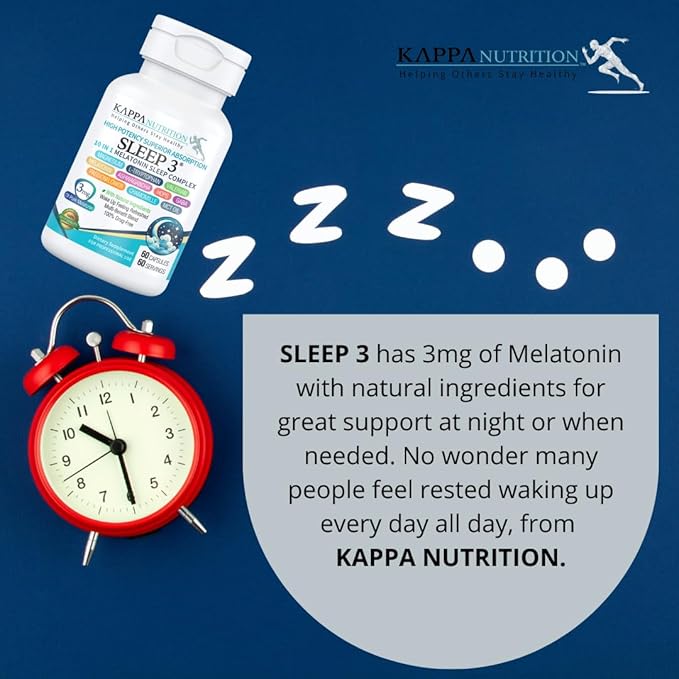 KAPPA NUTRITION Sleep 3, Sleep Aid, 3mg of Melatonin, 60-Day Supply, Non-Habit Forming Vegan Capsules Natural Ingredients for Easier Bedtime, Herbal Supplement, Valerian Root, Chamomile Non-GMO