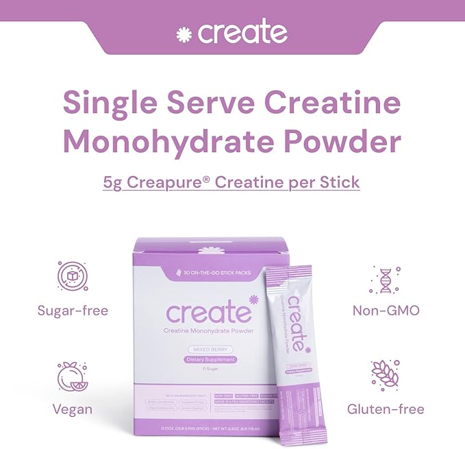 Create Single Serve Creatine Monohydrate Powder – 5g Creapure Creatine | Redefining Strength, Energy & Recovery | Sugar-Free, Vegan, Non-GMO | Mixed Berry | 30 Portable Packets