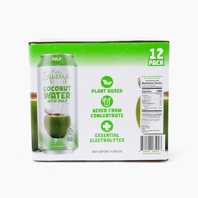 Pure Squeeze Coconut Water with Pulp (490mL - 12pk) Essential Electrolytes, Non-GMO, Plant-Based Hydration (Coconut Water with Pulp)