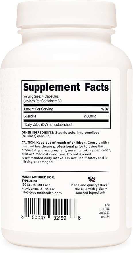 Type Zero L-Leucine Capsules (2000mg per Serving) 120 Capsules - 30 Servings