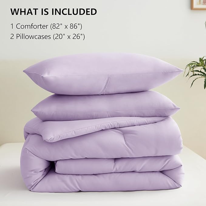 CozyLux Lavender Purple Comforter Set Full Size, 3 Pieces Solid Breathable Quilted Boho Style Bedding Sets, Luxury Fluffy Soft Microfiber Comforter for All Season(1 Comforter & 2 Pillowcases)