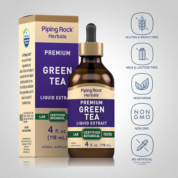Piping Rock Green Tea Extract Liquid Drops | 4 Fl Oz | Vegetarian, Alcohol Free Tincture | Premium Herbal Supplement | Non-GMO, Gluten Free