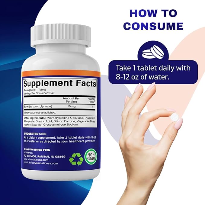 Vitamatic Chelated Boron (as Glycinate) 10mg 240 Tablets - Supports Hormone Balance, Bone Health & Connective Tissue
