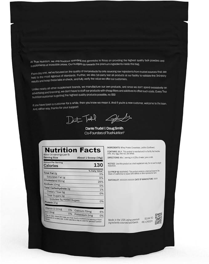 True Nutrition - Whey Protein Concentrate - 100% Whey Protein Powder - Fast Acting Low Carb Powder with Essential Amino Acids - High in Leucine - Unflavored/Unsweetened - 1lb.