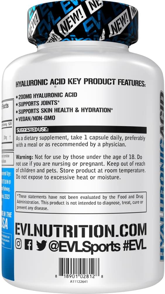 Evlution Vegan Dietary Hyaluronic Acid Supplement Nutrition 200mg Hyaluronic Acid Capsules Dry Skin Supplement for Women and Men for Itchy or Damaged Skin - High Potency Bioavailable Non GMO Formula