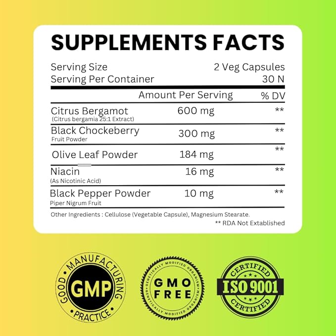 Citrus Bergamot 1110mg - 25:1 Extract - High Potency Supplement with Black Choke Berry, Niacin, Olive Leaf & Black Pepper Extract - Vegan - 60 Capsules