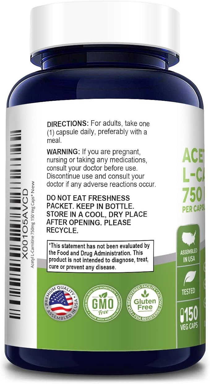 NusaPure Acetyl L-Carnitine 750mg per Caps 150 Veggie Capsules (Non-GMO, Gluten Free) High Potency Acetyl L Carnitine HCL (ALCAR)