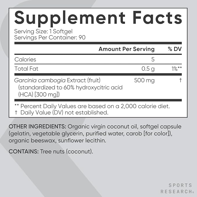 Sports Research Garcinia Cambogia Extract (60% HCA) with Extra Virgin Organic Coconut Oil | Non-GMO, Soy & Gluten Free (90 Liquid Softgels)
