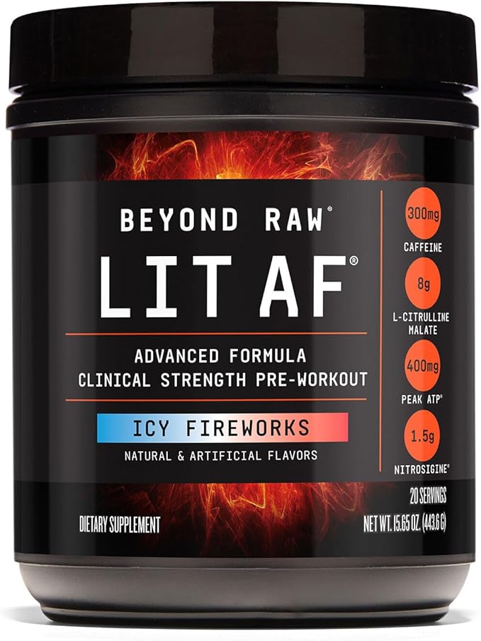 BEYOND RAW LIT Advanced Pre-Workout Formula, ICY Fireworks, for Energy, Focus, Endurance, Pumps, with 300mg Rapid and Targeted Release Caffeine, Creatine, Betaine, Beta Alanine, Taurine, 20 Servings