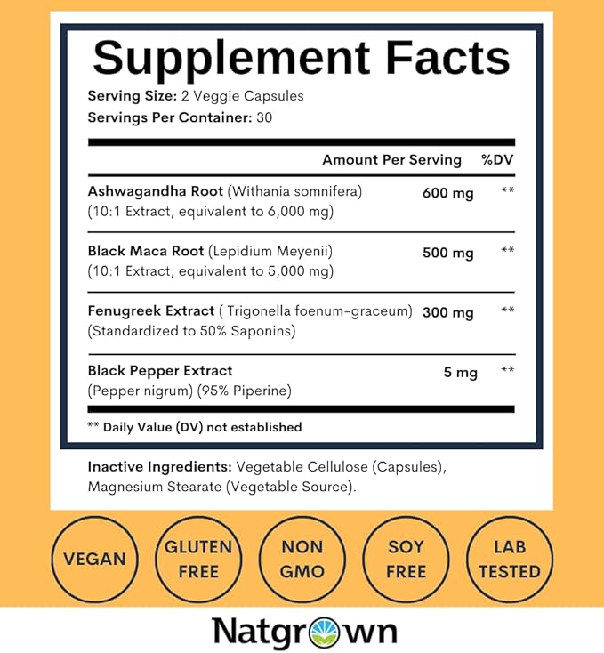 Natgrown Ashwagandha Maca Root Fenugreek Extract Capsules Supplement for Men & Women - Vegan Pills - 60ct
