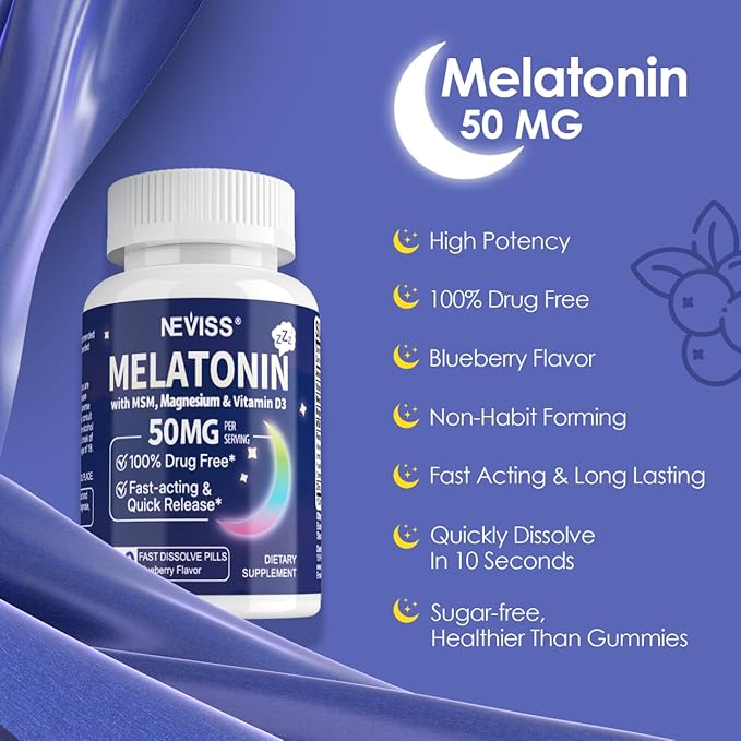 Melatonin 50 mg for Adults - Extra Strength 9-IN-1 Fast Dissolve Sublingual - w/ Vitamin D3 & MSM, Relaxing Herbal Blend-Ashwagandha, Lemon Balm, Passionflower,Chamomile,Sugar Free, Vegan 180 Servings