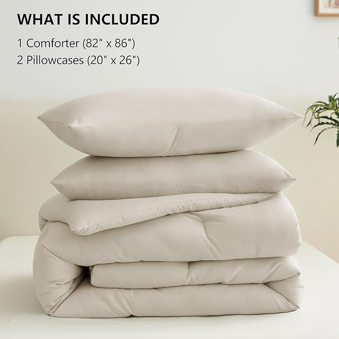 CozyLux Oatmeal Comforter Set Full Size, 3 Pieces Solid Breathable Quilted Style Bedding Sets, Luxury Fluffy Soft Microfiber Comforter for All Season (1 Comforter & 2 Pillowcases)