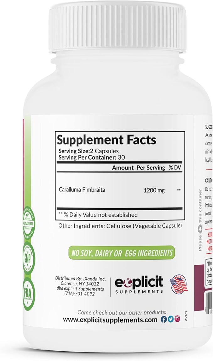 Pure Caralluma Fimbriata Max Strength – Appetite Suppressant, Increase Fat Burn, Weight Loss Supplement, Non-Stim - for Men & Women - 1200mg per Serving, 30 Servings, 60 Capsules