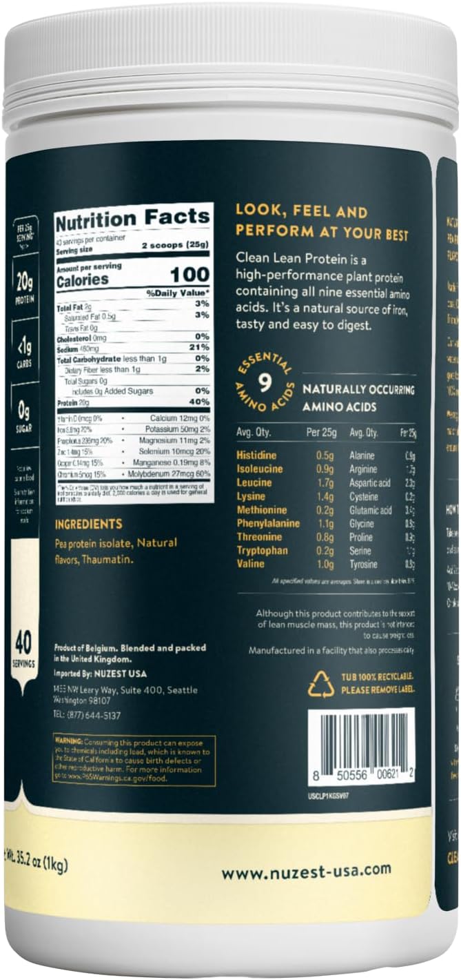 Nuzest - Pea Protein Powder - Clean Lean Protein, Premium Vegan Plant Based Protein Powder, Dairy Free, Gluten Free, GMO Free, Protein Shake, Smooth Vanilla, 40 Servings, 2.2 lb