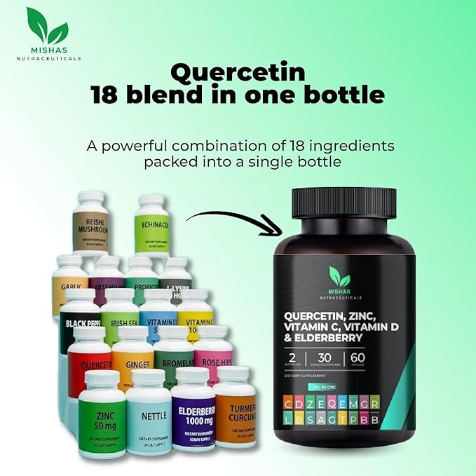 Strength Quercetin with Bromelain, Zinc, Vitamin C & D, Elderberry – Immune & Lung Support Supplement for Women & Men - Artemisinin, Sea Moss, Echinacea & Allergy Relief – Vegan 60 Capsules