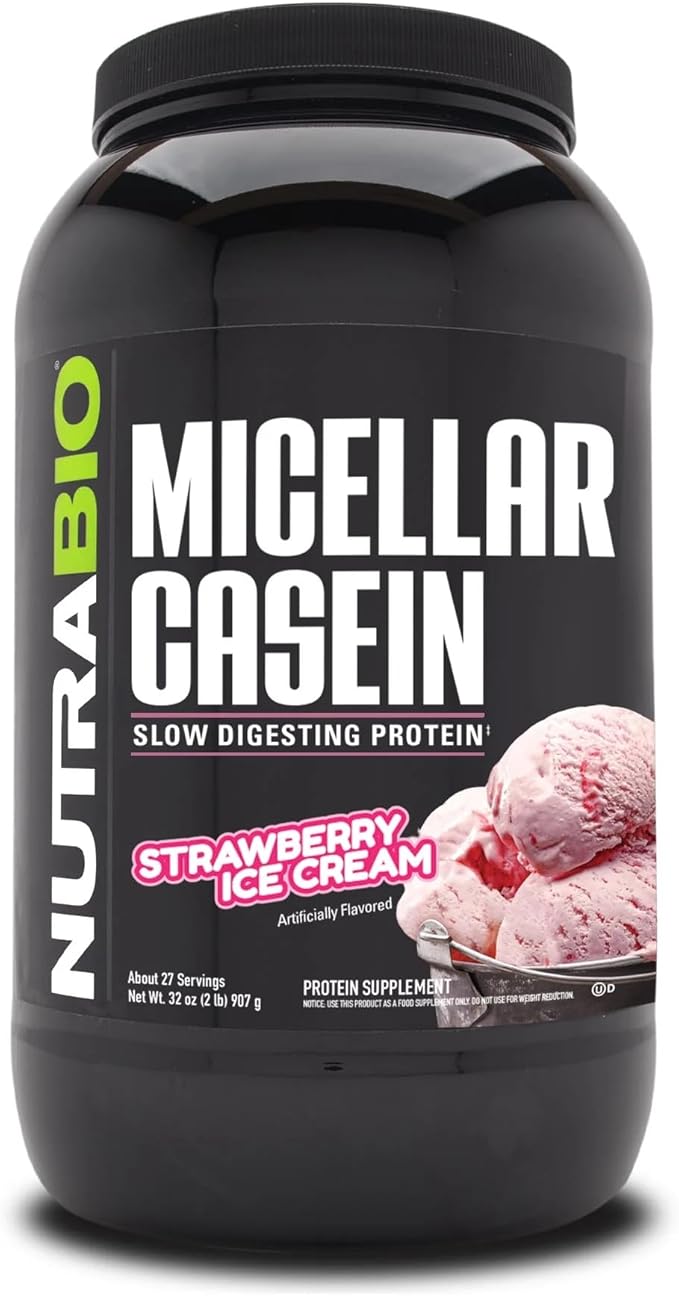 NutraBio Micellar Casein Protein Powder-Casein Protein Powder Strawberry- Slow Digesting - Muscle Growth - Essential Amino Acids - Non-GMO - Gluten & Soy Free-2 lbs Strawberry Ice Cream
