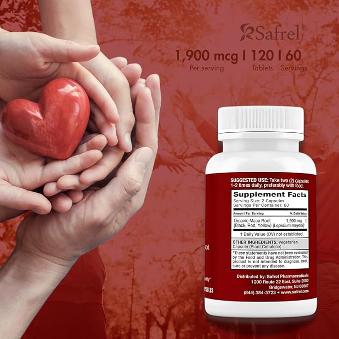 Safrel Organic Maca Root Black, Red, Yellow 1900 MG per Serving - 120 Vegan Capsules Peruvian Maca Root Gelatinized 100% Pure Non-GMO Supports Reproductive Health Natural Energizer