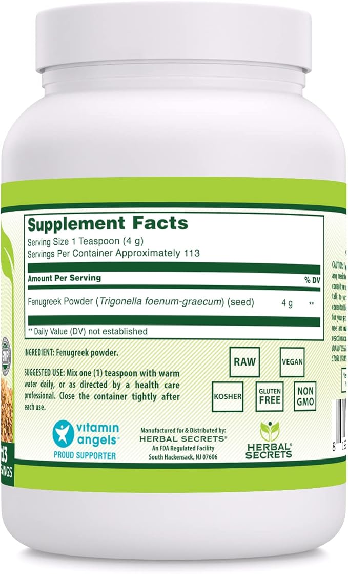 Herbal Secrets Fenugreek Powder Supplement | 16 Oz (454 G) | 113 Servings | Non-GMO | Gluten-Free | Made in USA