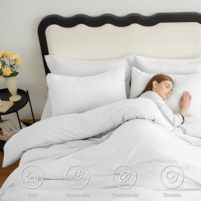 CozyLux White Comforter Set King Size, 3 Pieces Solid Breathable Quilted Boho Style Bedding Sets, Luxury Fluffy Soft Microfiber Comforter for All Season(1 Comforter & 2 Pillowcases)