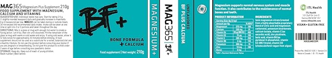 ITL Health BF Plus Calcium Zinc Magnesium Powder with D3, K2, C, B6, Boron, Zinc and Potassium | for Optimal Bone Health, and Immune Support (Unflavored, 360g)