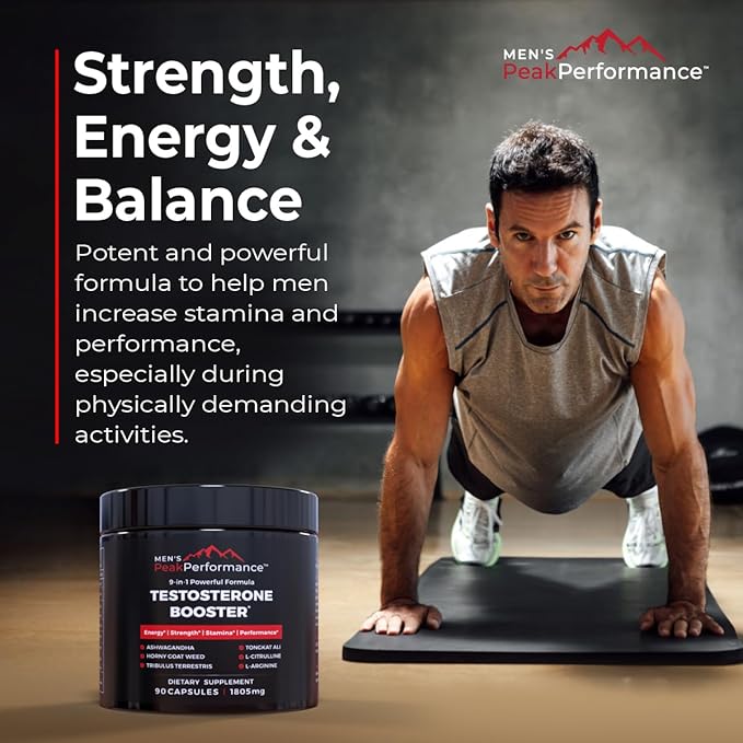 MEN'S PeakPerformance - Testosterone Booster Supplement for Men - Boost Stamina, Muscle Growth, Energy, Strength, Endurance & Drive - Ashwagandha, Tribulus, L-Arginine, Tongkat Ali- 90 Capsules