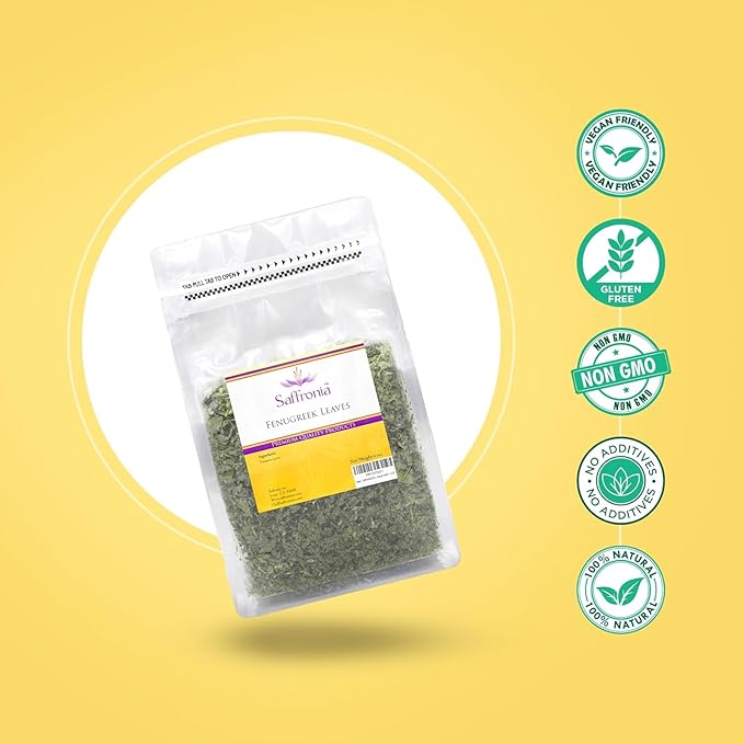 Saffronia Dried Fenugreek Leaves, Vegan Friendly Kasoori Methi, Carefully Packaged In Resealable Bag, Ideal for Mexican, Indian, Mediterranean and Asian Cuisine - 6 Oz (170 g)