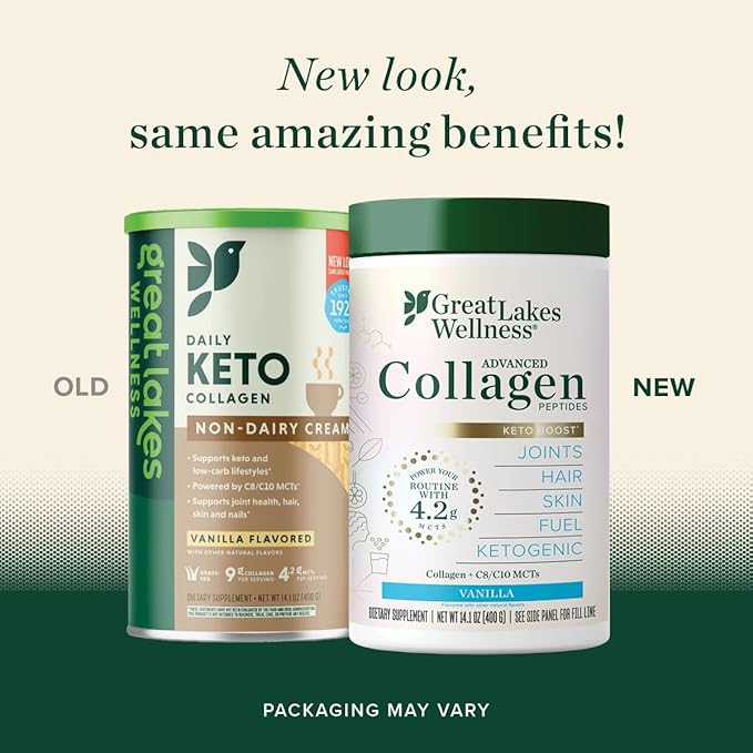 Great Lakes Wellness Keto Boost Advanced Collagen Peptides Powder with 4.2g MCTs - Vanilla Flavored - Nutritiously-Rich Non-Dairy Coffee Creamer or Smoothie Alt - Non-GMO, Kosher - 14.1 oz