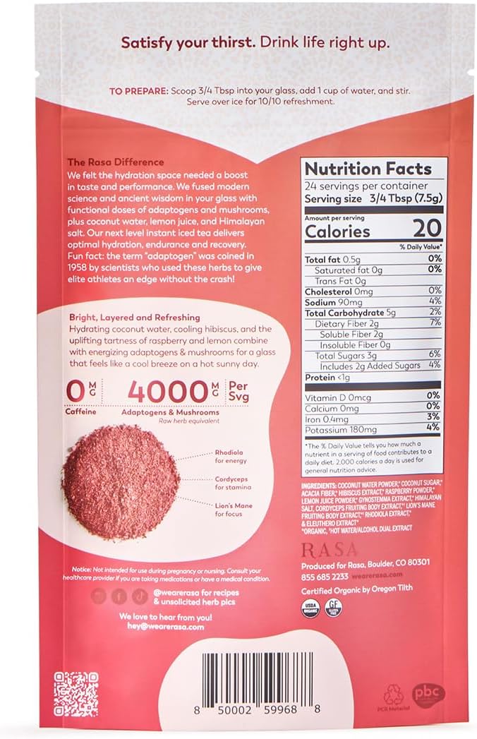 Rasa Raspberry Hibiscus Hydration | Organic Boosted Iced Tea with Adaptogens and Mushrooms | Gluten-Free, Premium Electrolyte Powder Drink Mix, Refreshing Hydration (6 oz / 24 Servings)