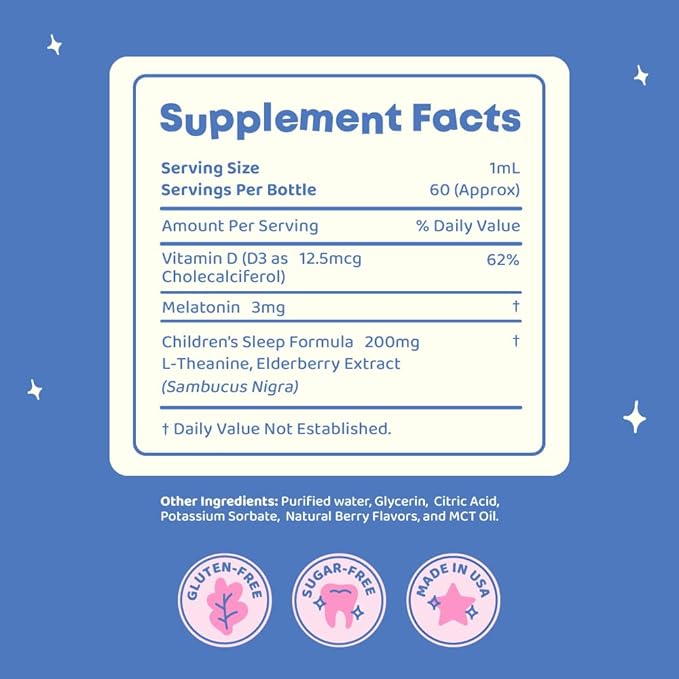 JoySpring SleepBerry - Kids Melatonin Liquid - 3MG Melatonin with D3 and Elderberry - Sugar-Free Liquid for Kids & Teens – Gentle Natural Sleep Support Formula (4 fl oz)