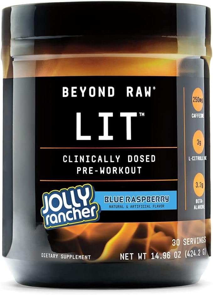 BEYOND RAW LIT | Clinically Dosed Pre-Workout Powder | Contains Caffeine, L-Citrulline, and Beta-Alanine, Nitric Oxide and Preworkout Supplement | Jolly Rancher Blue Raspberry | 30 Servings