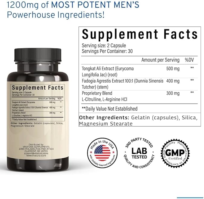 Tongkat Ali Fadogia Agrestis - 1200mg, Enhanced with Nitric Oxide Booster Supplement, Longjack Tongkat Ali for Men, *USA Made and Tested*, 60 Capsules