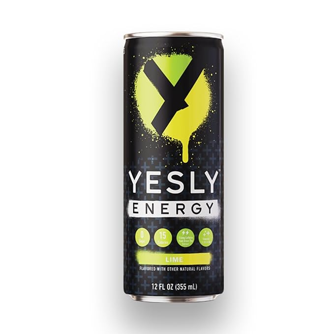 Yesly Energy Drink, Lime, Naturally Flavored Sparkling Energy Water With Electrolytes, Magnesium, Potassium, Vitamin C, B6 & B12, Natural Caffeine From Green Tea, Zero Sugar, 12 Fl Oz Cans, 12 Pack