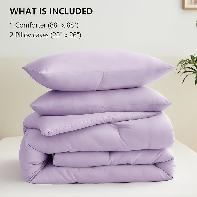 CozyLux Lavender Purple Comforter Set Queen Size, 3 Pieces Solid Breathable Quilted Boho Style Bedding Sets, Luxury Fluffy Soft Microfiber Comforter for All Season(1 Comforter & 2 Pillowcases)