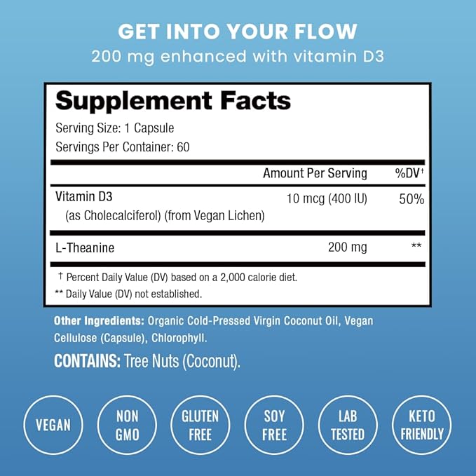NutraChamps L-Theanine 200mg Capsules | Double-Strength L-Theanine Liquid with Vitamin D3, Organic Coconut Oil | Supports Mood, Focus, Stress Relief | L-Theanine for Kids & Adults | 60 Vegan Capsules