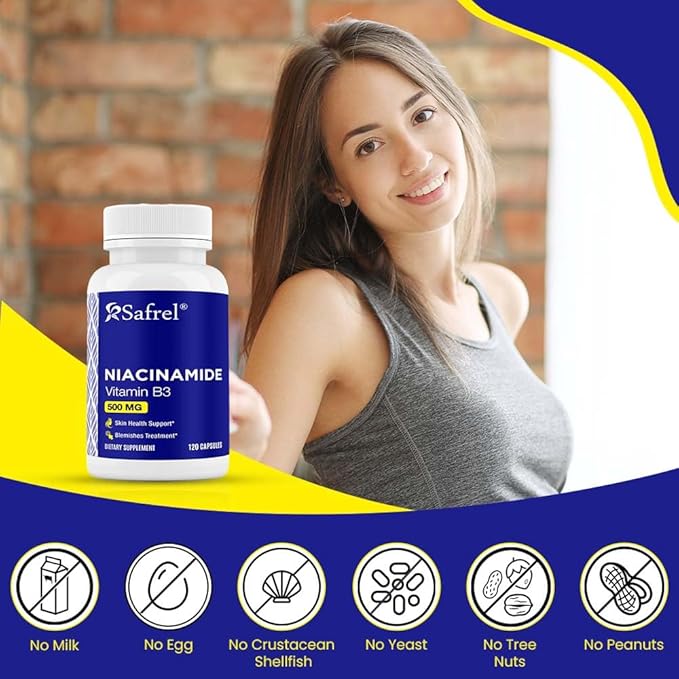 Safrel Niacinamide 500mg (Vitamin B3) - 120 Capsules - Skin Health & Blemish Support - Non-GMO, Gluten-Free - Flush-Free Formula - for Men and Women’s Health