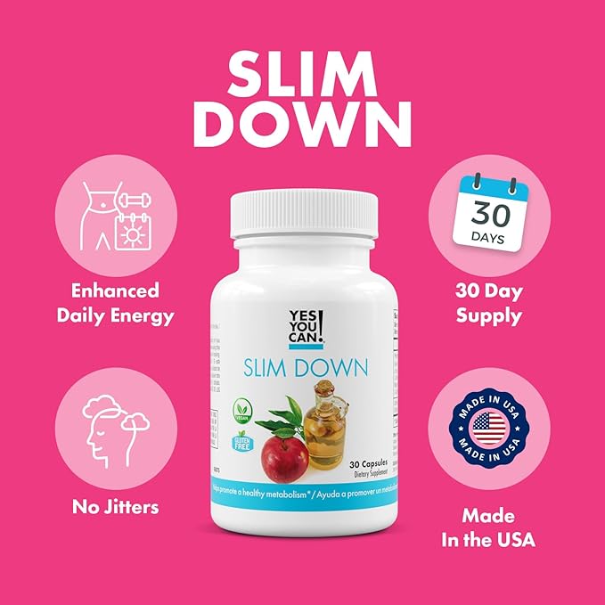 Yes You Can! Slim Down Dietary Supplements - with African Mango, L-Carnitine, Apple Cider Vinegar, Green Tea Extract, and Caffeine derived from Guarana Seed Extract, 30 Capsules/1 Month Supply