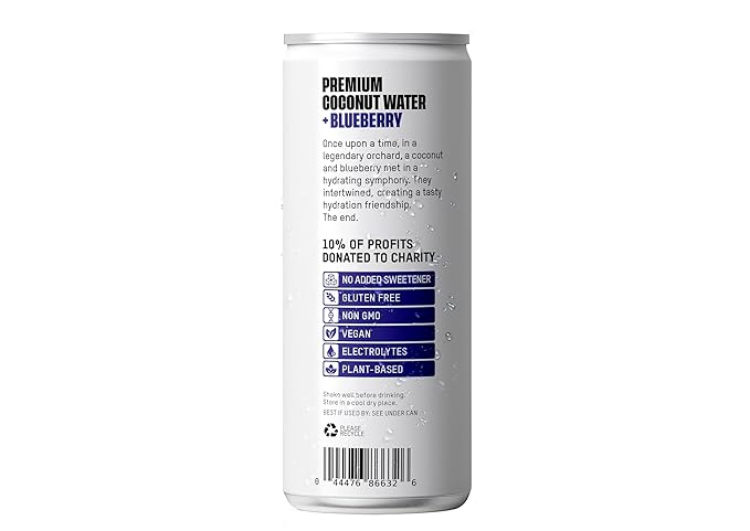 Once Upon a Coconut Blueberry Coconut Water - Low-Calorie, All-Natural Drink with Electrolytes - Non-GMO, Gluten-Free - Pack of 12 Cans (each 10.8 fl oz)