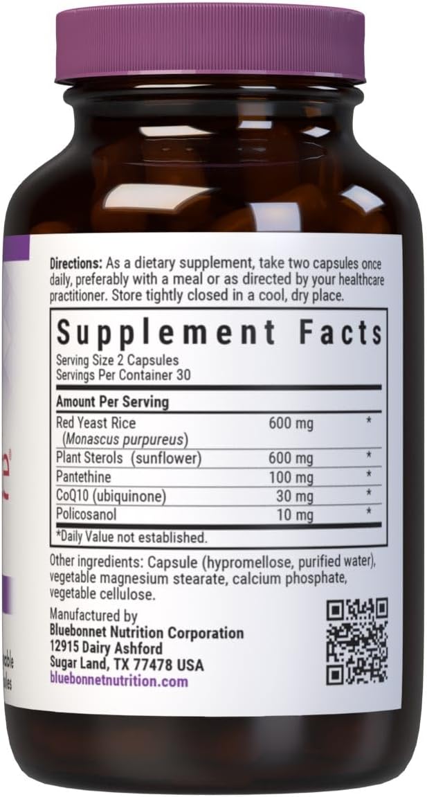 Bluebonnet Nutrition CholesteRice Vegetable Capsules, Red Yeast Rice, Plant Sterols, Pantethine, CoQ10, Policosanol, Vegan, Vegetarian, Non GMO, Gluten Free, Milk Free, SOY-FREE, 60 Vegetable Capsules