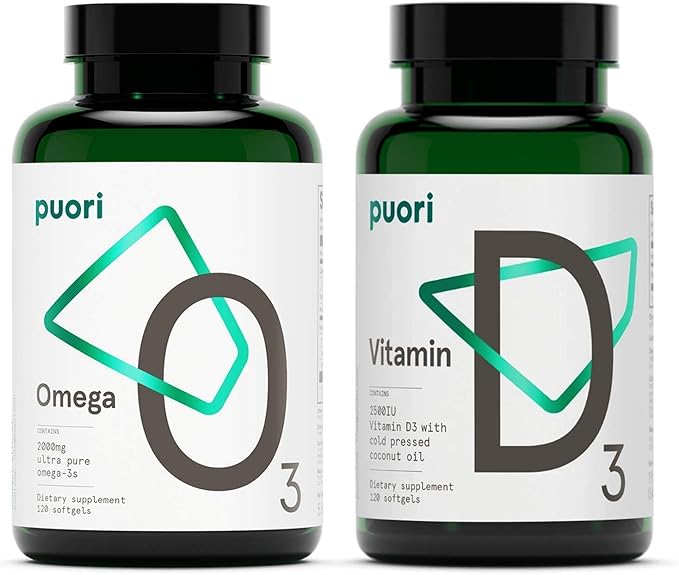 Puori Omega 3 Fish Oil and Vitamin D3 Supplement Bundle - for Muscle Function, Bone Health, Immune Support and Calcium Uptake - Burpless, IFOS Certified, Non-GMO Capsules