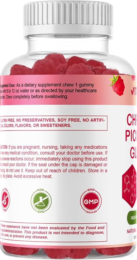 Vitamatic Chromium Picolinate 1000 mcg - 90 Gummies - High Potency Chromium - Raspberry Flavor