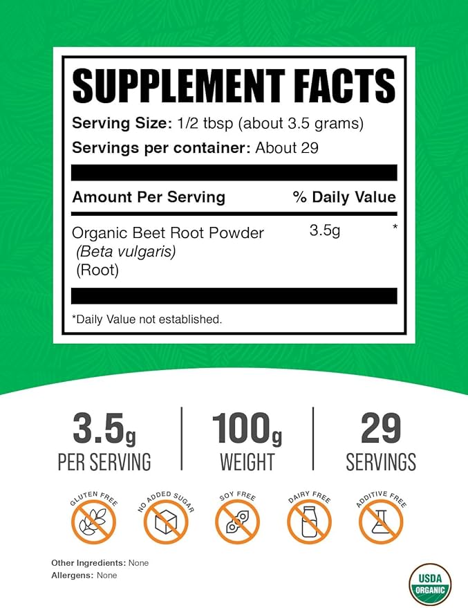 BulkSupplements.com Organic Beet Root Powder - Superfood Supplement, Beet Root Supplements - Vegan & Gluten Free, 3.5g per Serving, 100g (3.5 oz) (Pack of 1)