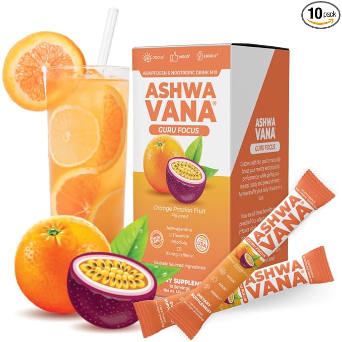 Ashwavana Ashwagandha & Vitamin D Drink Mix With L-Theanine, K2, Rhodiola, 100MG Time-Release Caffeine - Orange Passion Fruit Flavor. America's #1 Ashwa Drink