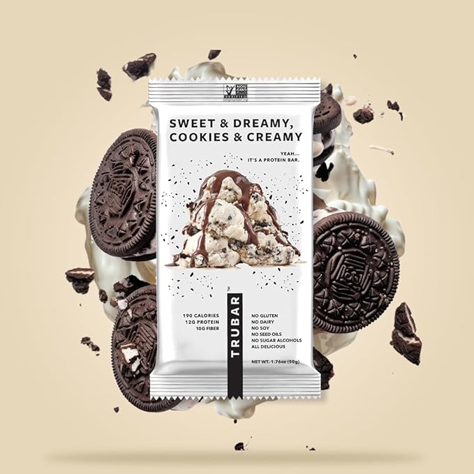 TRUBAR Vegan Protein Bar, Sweet & Dreamy Cookies and Creamy, Gluten Free, Plant Based Protein, Dairy Free, Non GMO, Soy Free, No Sugar Alcohols, 12G Protein, 12G Fiber, 23G Carb, On the Go Snack Bars, 8ct