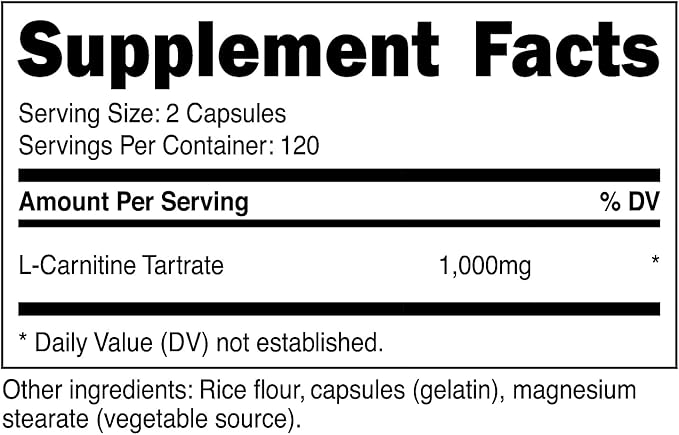 Nutricost L-Carnitine Tartrate 500mg, 240 Capsules - 1000mg Per Serving (2 Bottles)